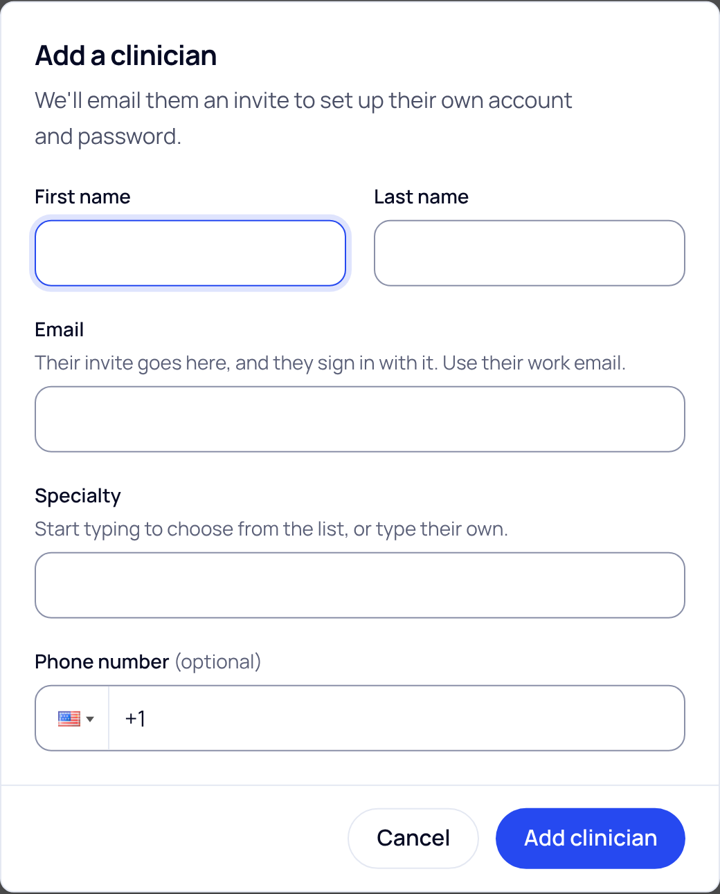 The Add a clinician form with First name, Last name, Email, Specialty and Phone number fields