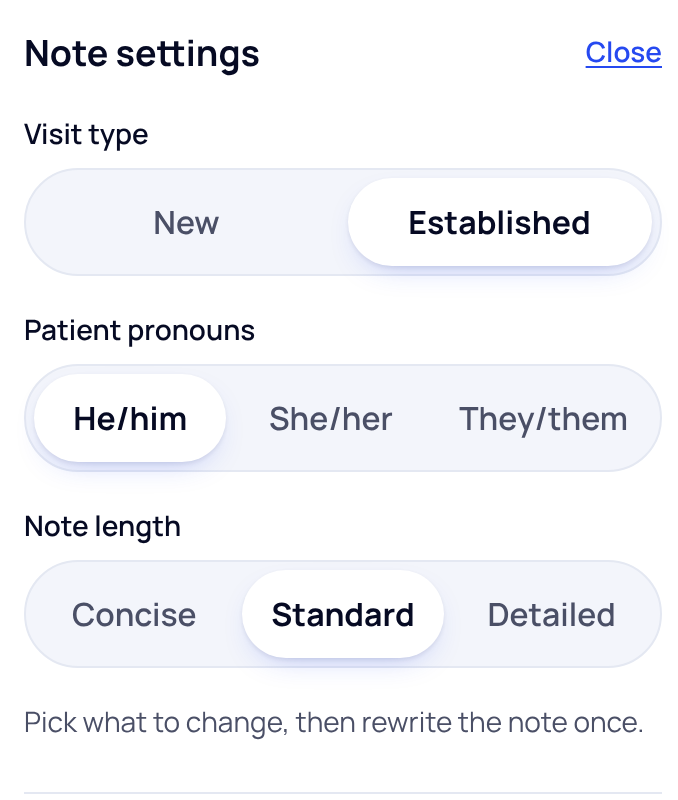 Note settings panel with Visit type New or Established, Patient pronouns He/him, She/her or They/them, and Note length Concise, Standard or Detailed