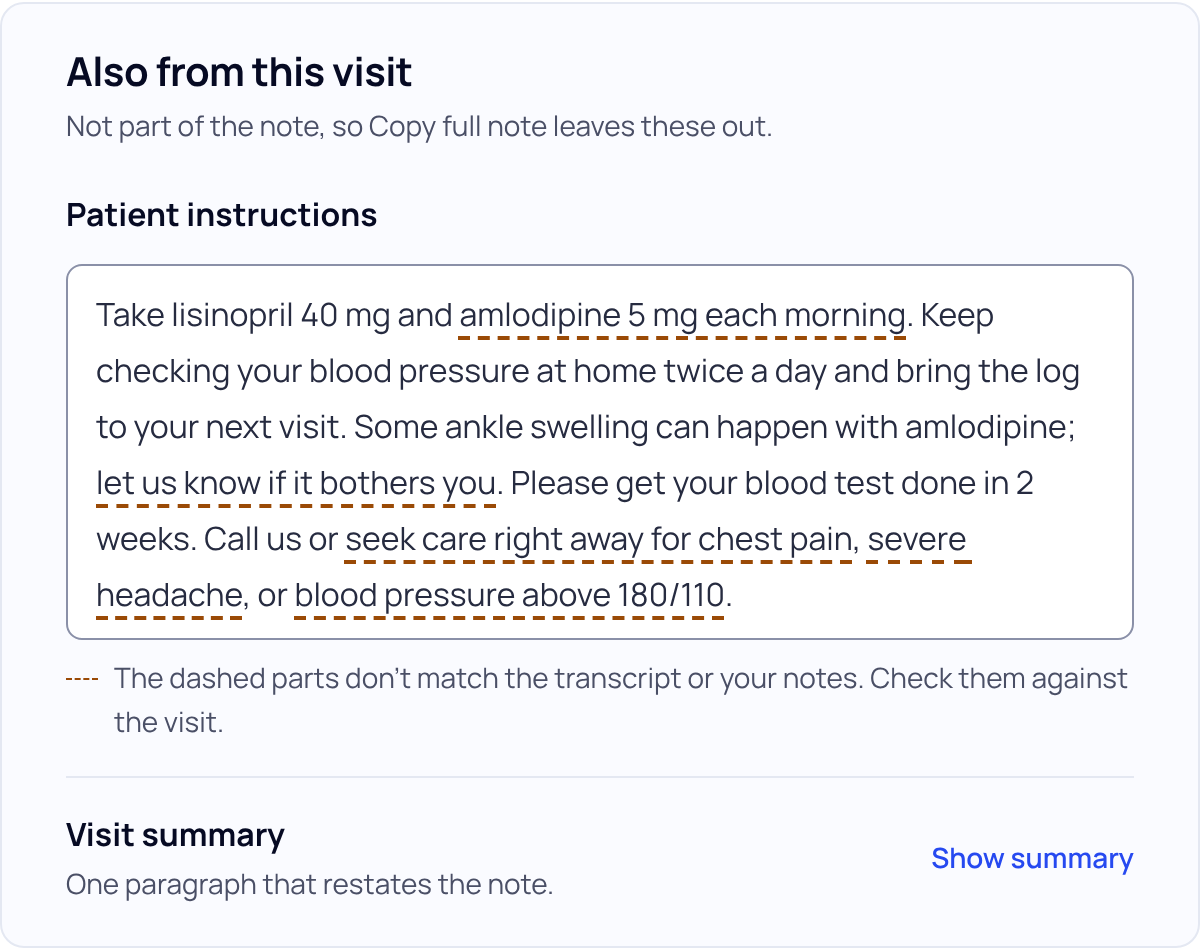 The Also from this visit card under the note: a Patient instructions box with plain-language instructions, and a folded Visit summary with Show summary.