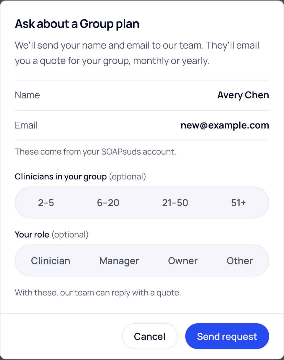 The Ask about a Group plan box with name, email, Clinicians in your group, Your role and Send request
