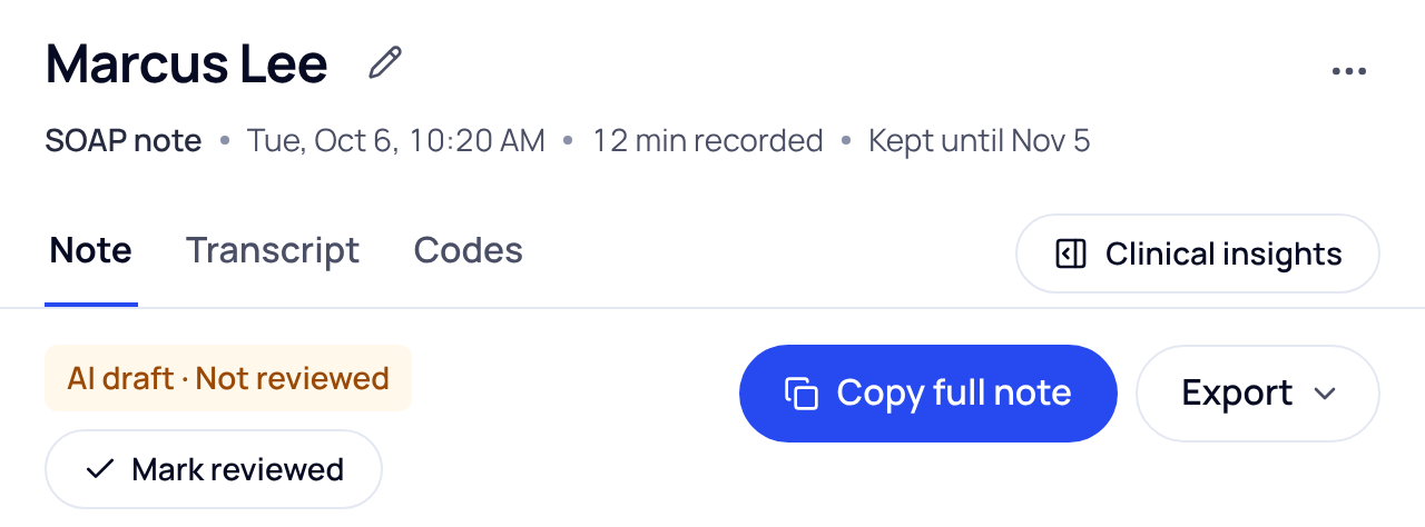 Top of a visit's Note tab: the AI draft · Not reviewed label, the Mark reviewed button, and Copy full note and Export on the right.