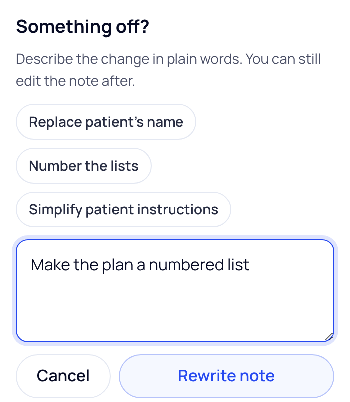 The Magic edit panel under Something off?: three suggestion buttons, an instruction box with the text Make the plan a numbered list, and Cancel and Rewrite note buttons.