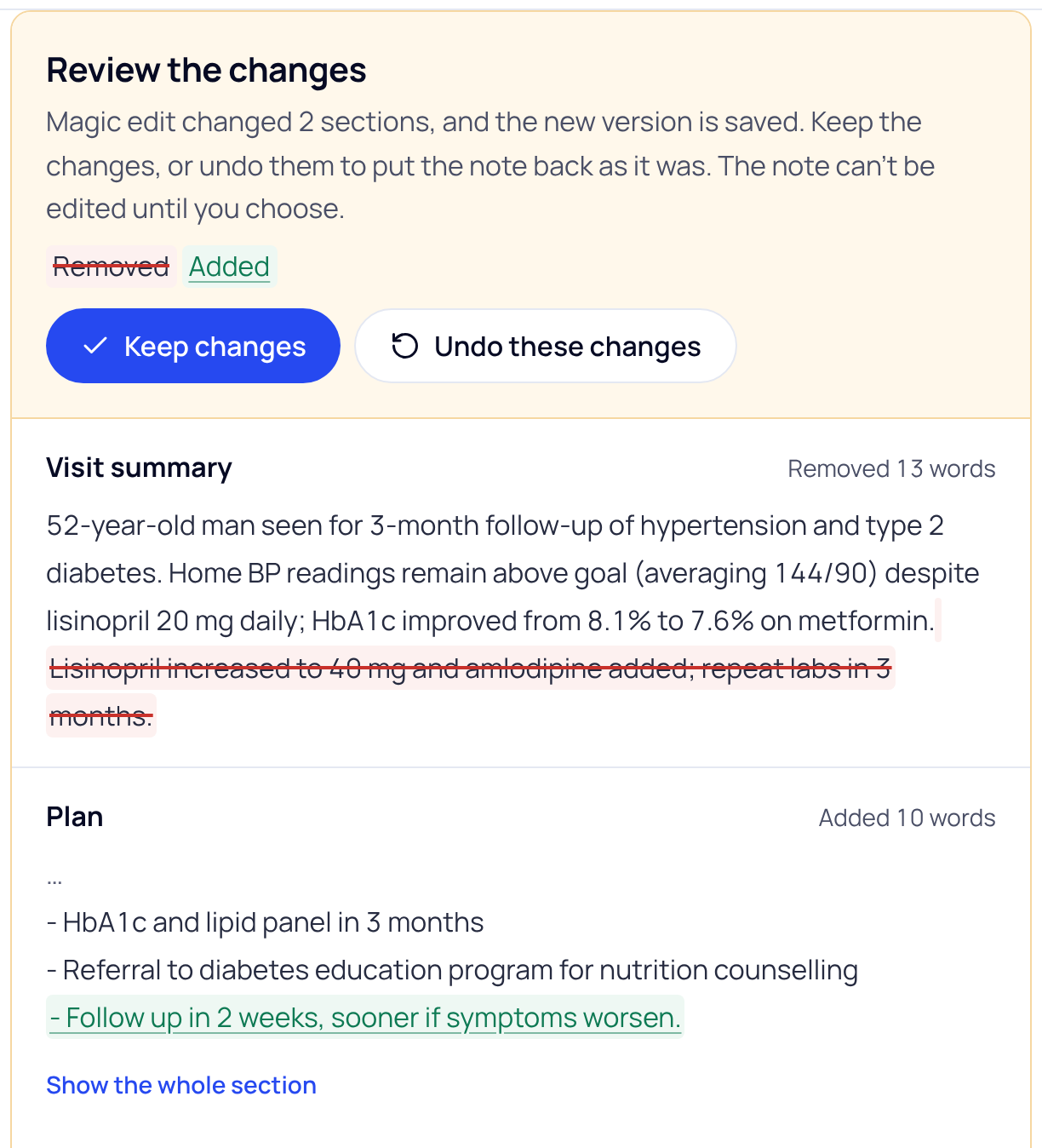 The Review the changes panel: Keep changes and Undo these changes buttons, then the Visit summary with removed words struck through and the Plan with one added line.