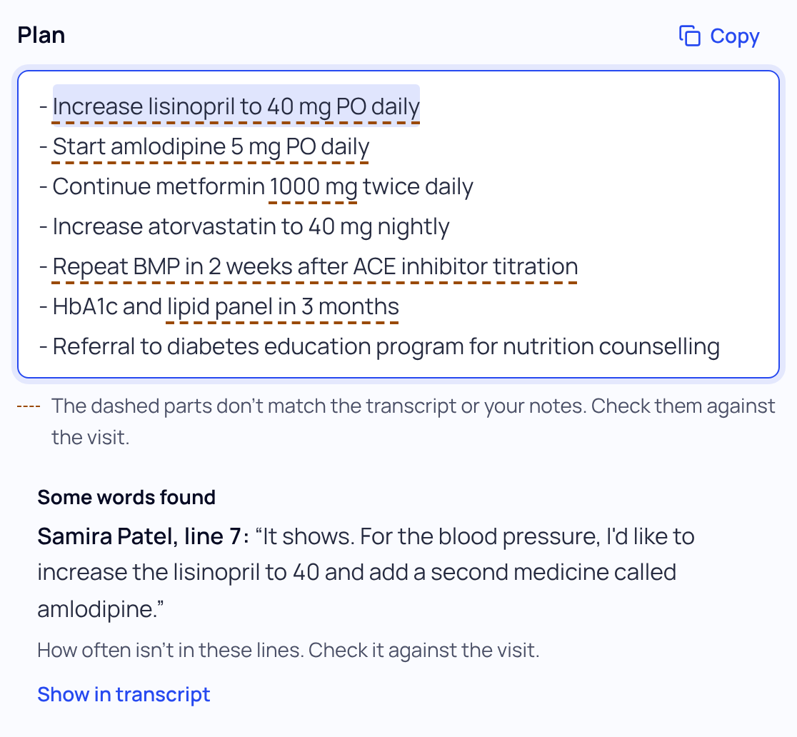 The Plan section with the cursor in the first line, Increase lisinopril to 40 mg PO daily. Under the box: Some words found, a quote from transcript line 7, a note that how often isn't in these lines, and Show in transcript.