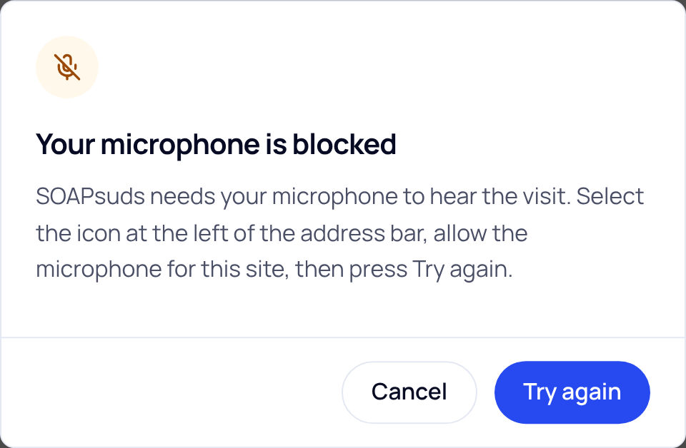 Dialog titled Your microphone is blocked, with Cancel and Try again buttons