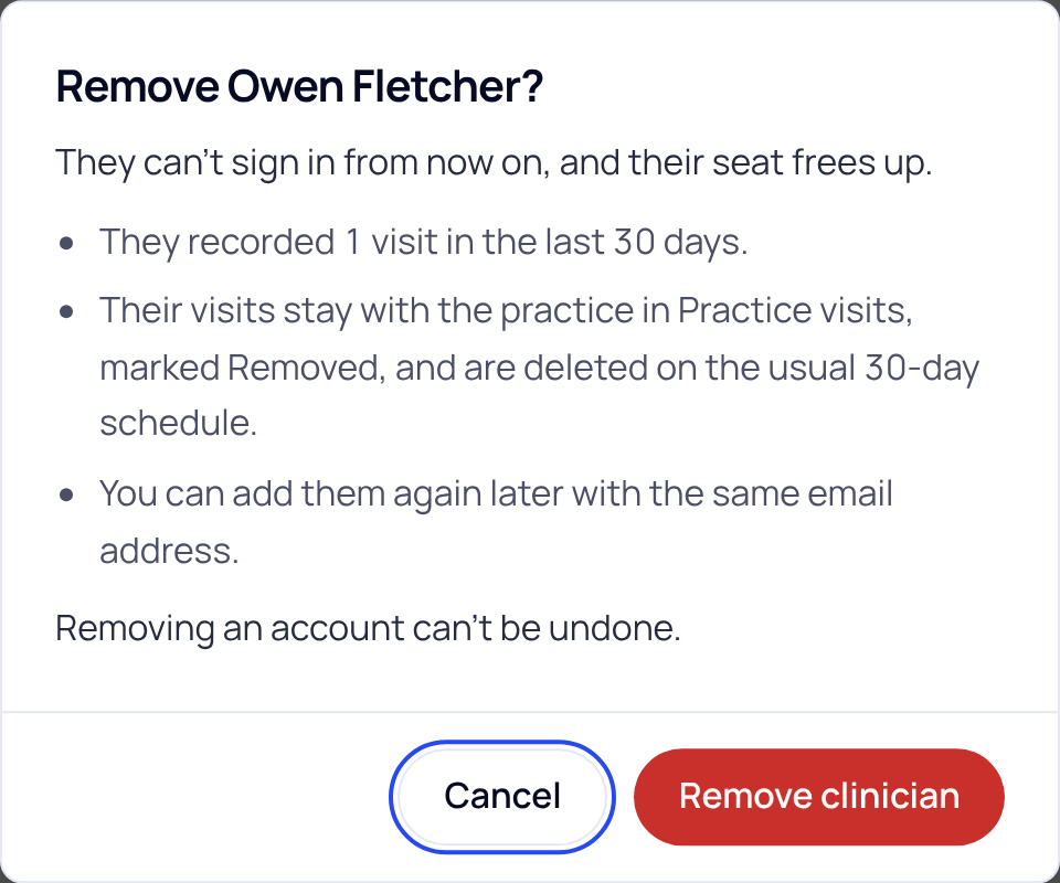 The Remove Owen Fletcher confirmation box with Cancel and Remove clinician buttons