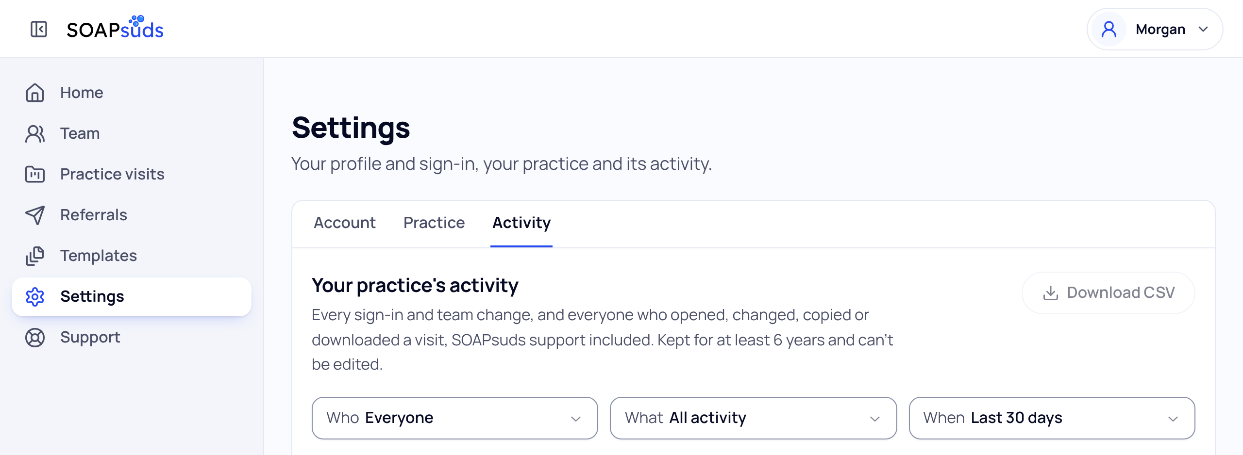 Settings, Activity tab with the Who, What and When filters and Download CSV