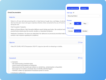 Clinical documentation with Subjective, Objective and Assessment sections, plus visit type, pronoun and note length settings