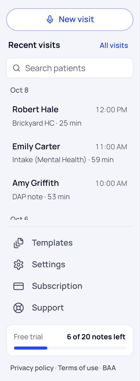 The clinician menu: New visit, Recent visits with sample patients, Templates, Settings, Subscription, Support and the free trial notes count