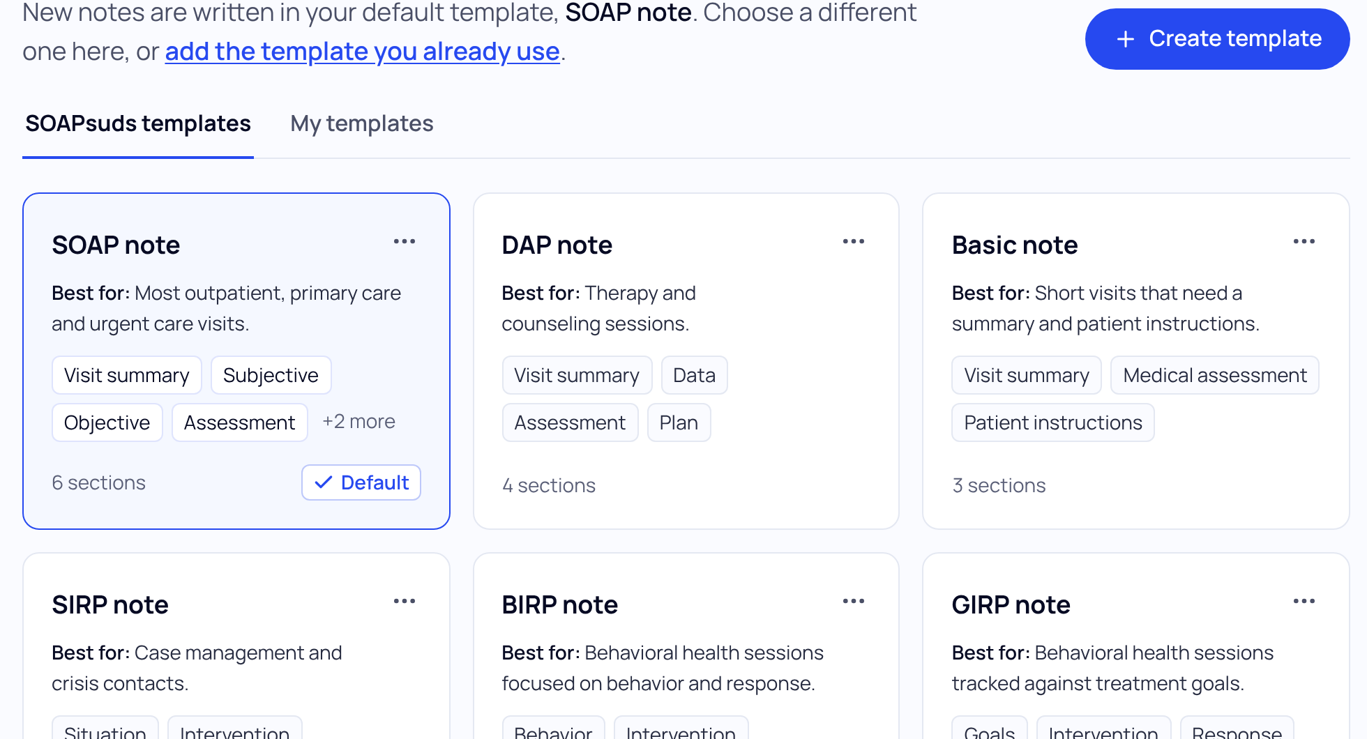 The Templates page on the SOAPsuds templates tab, showing SOAP note marked Default, DAP note and Basic note, each with a Best for line and section names.