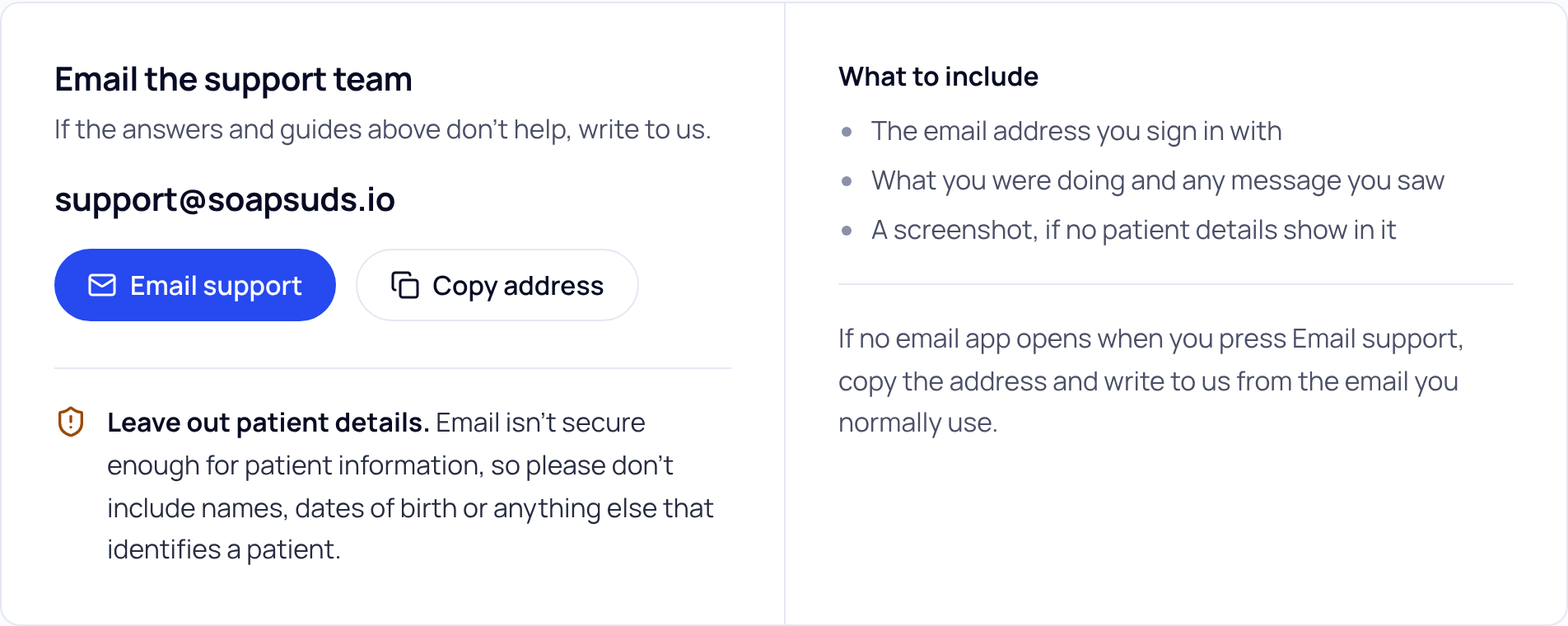 Support card titled Email the support team with support@soapsuds.io, Email support and Copy address buttons, a Leave out patient details warning and a What to include list
