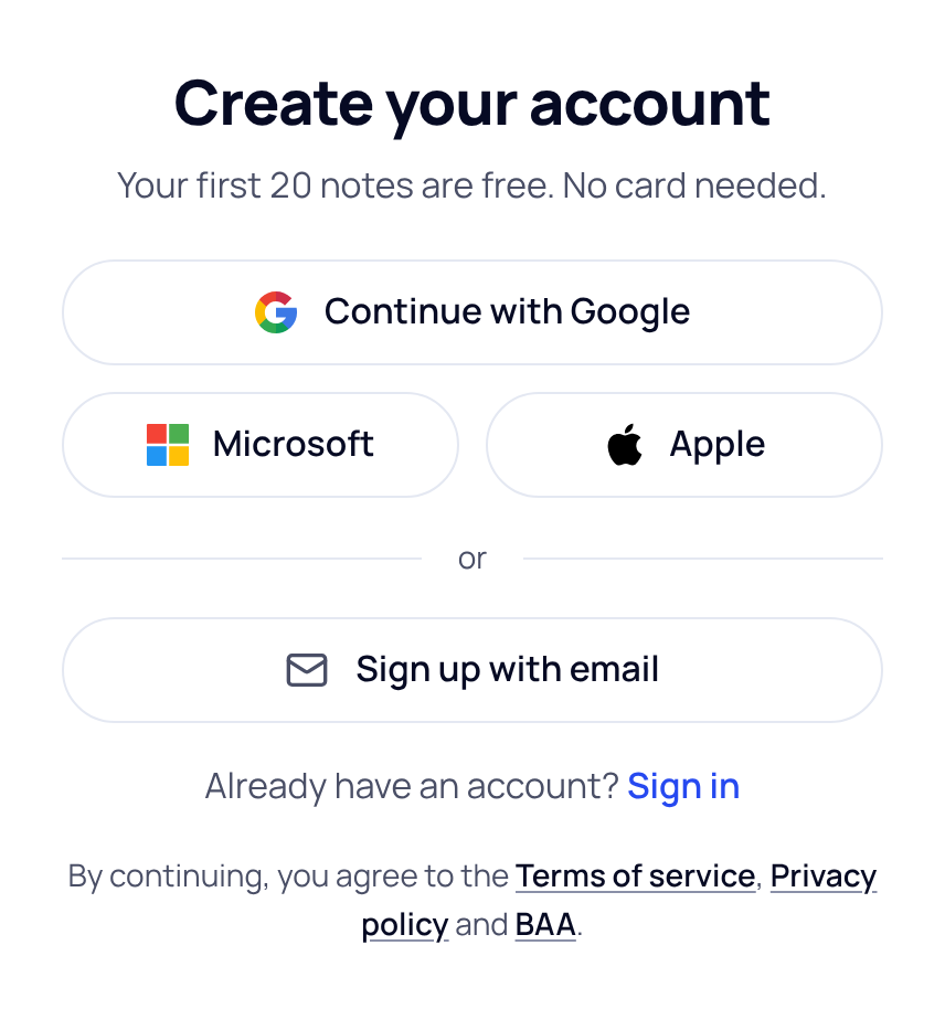The Create your account screen with Continue with Google, Microsoft, Apple and Sign up with email buttons