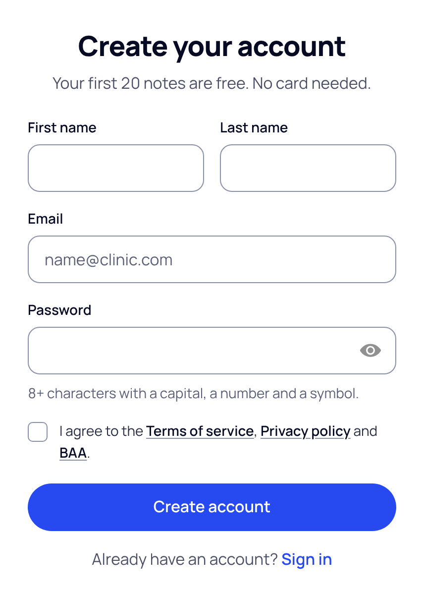 The email sign-up form with first name, last name, email, password, the terms checkbox and the Create account button