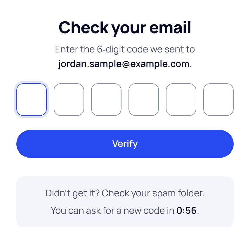 The Check your email screen with six boxes for the code and a Verify button