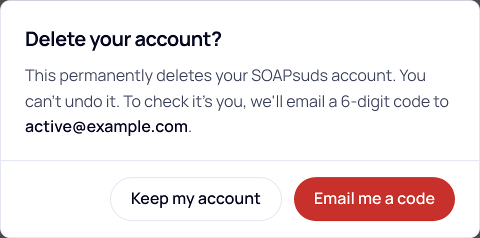 Dialog titled Delete your account? with Keep my account and Email me a code buttons