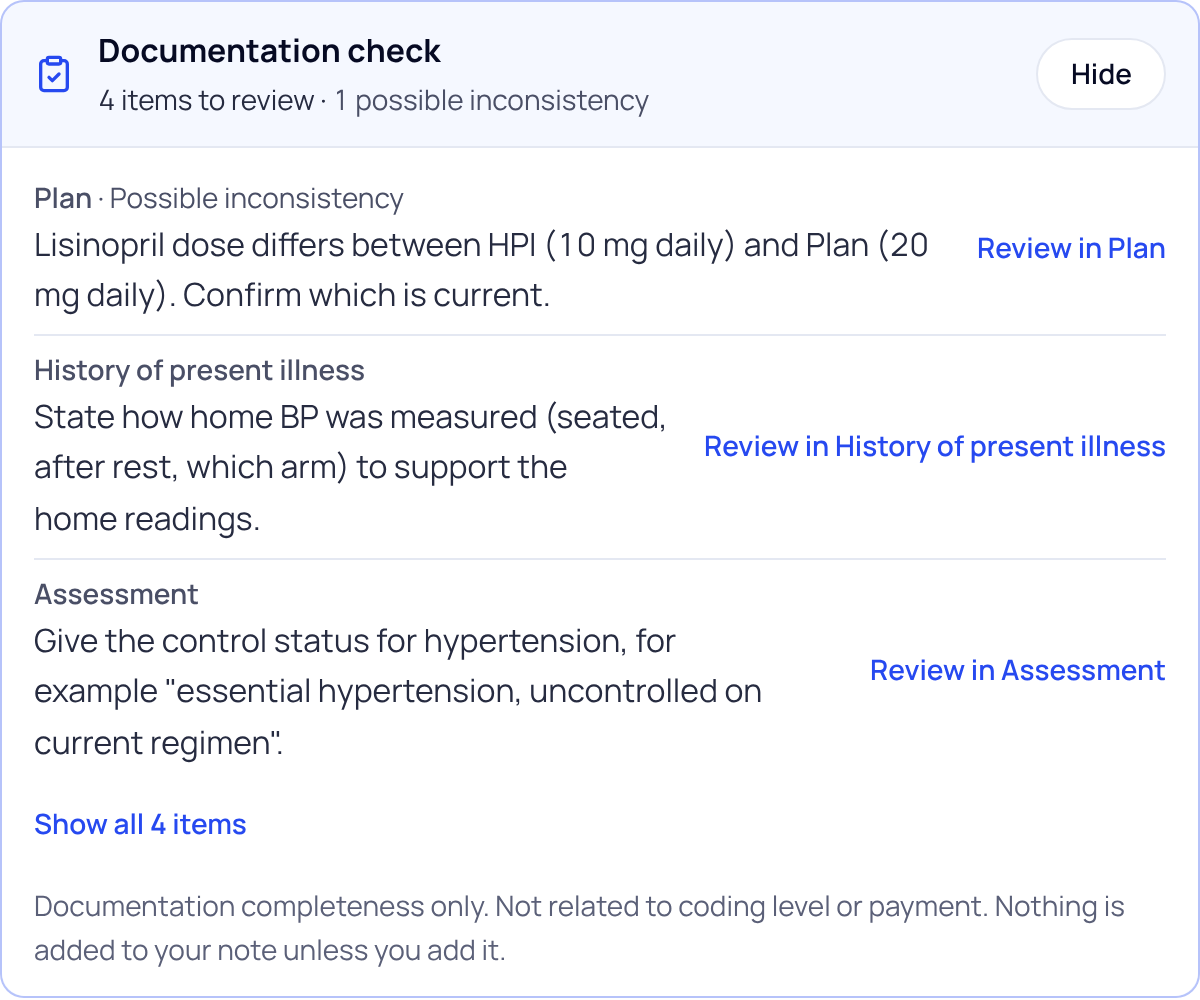 The Documentation check panel opened: a possible inconsistency in Plan about a medicine dose, and items for History of present illness and Assessment, each with a Review in link, Show all 4 items, and the line Documentation completeness only. Not related to coding level or payment.