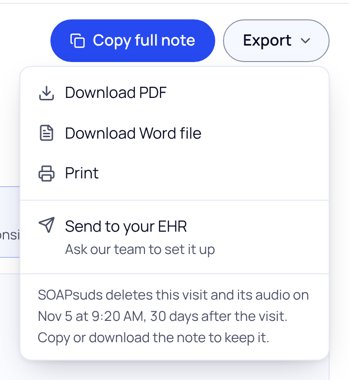 The Export menu open under the Export button: Download PDF, Download Word file, Print, Send to your EHR, and a line saying when the visit is deleted.