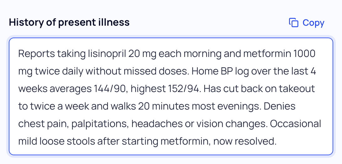 The History of present illness section with the cursor in its text box, shown by a blue outline, and the section's Copy button above it.