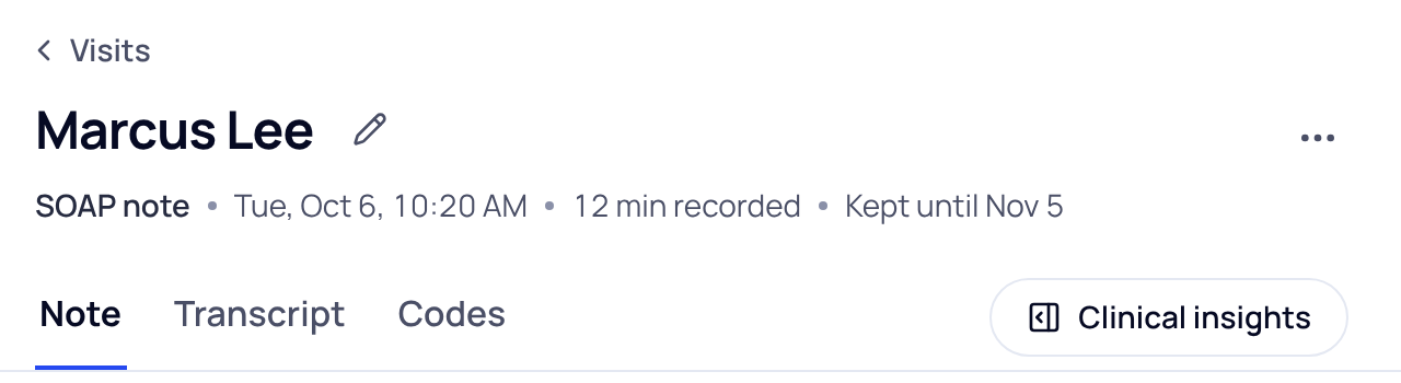 Visit header showing SOAP note, Tue, Oct 6, 10:20 AM, 12 min recorded, and Kept until Nov 5