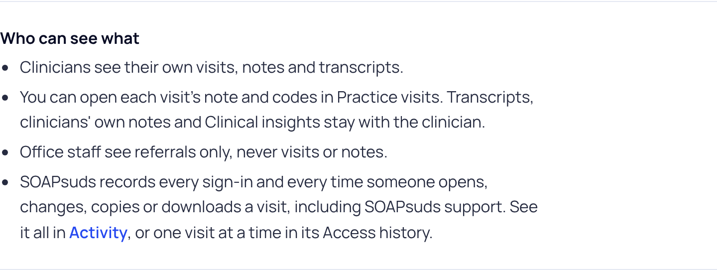 Who can see what in Settings, Practice, saying the practice admin can open each visit's note and codes