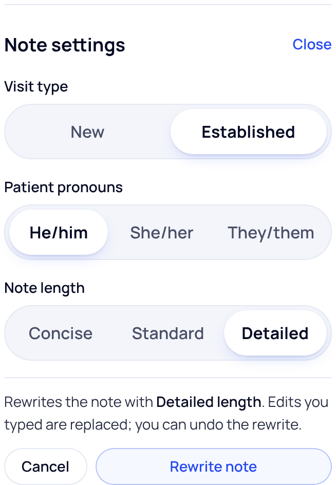 Note settings open in the side panel, with Visit type, Patient pronouns and Note length choices, Detailed selected, and the Rewrite note button.