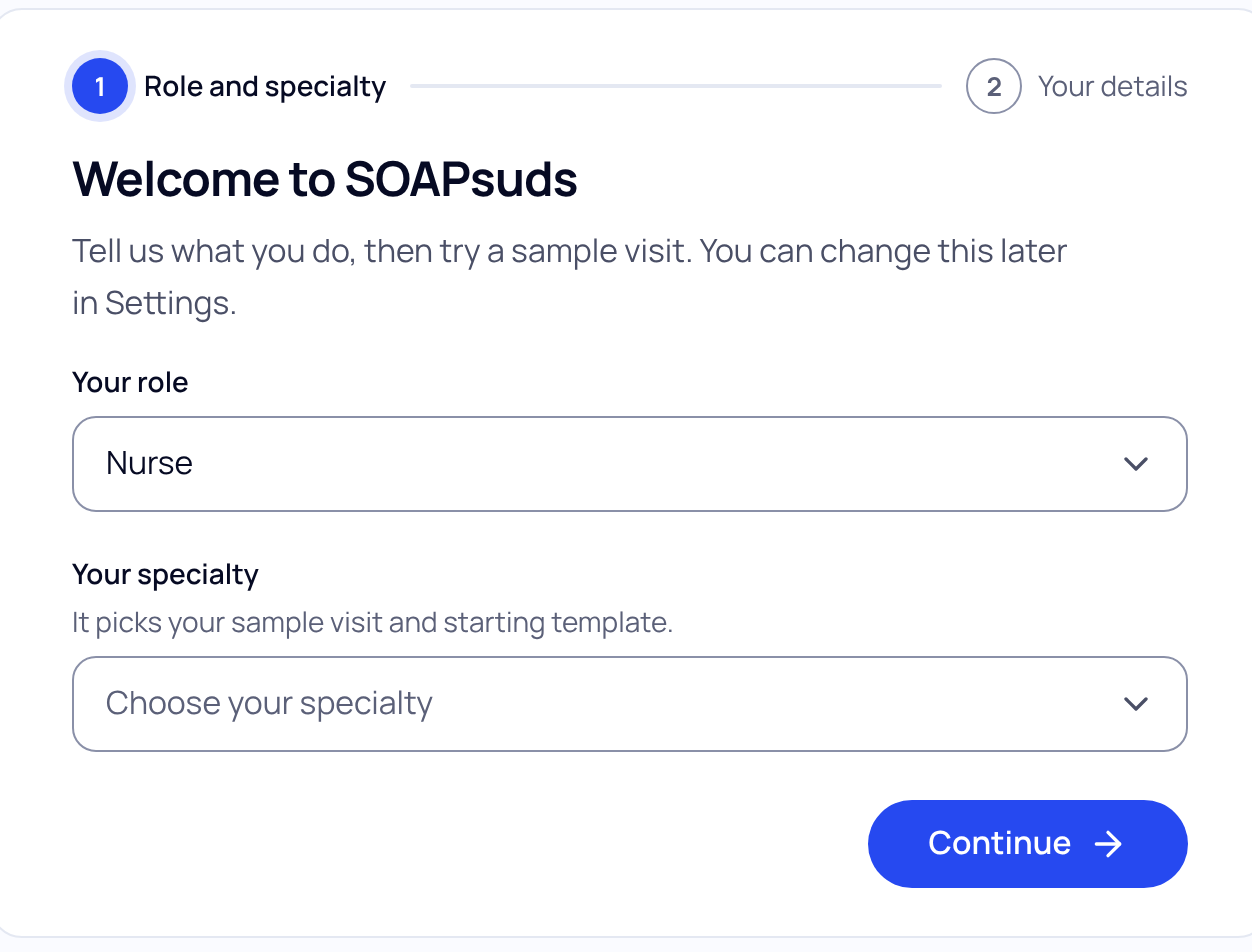 Step 1 of onboarding, Role and specialty, with Your role set to Nurse, the Your specialty field and the Continue button