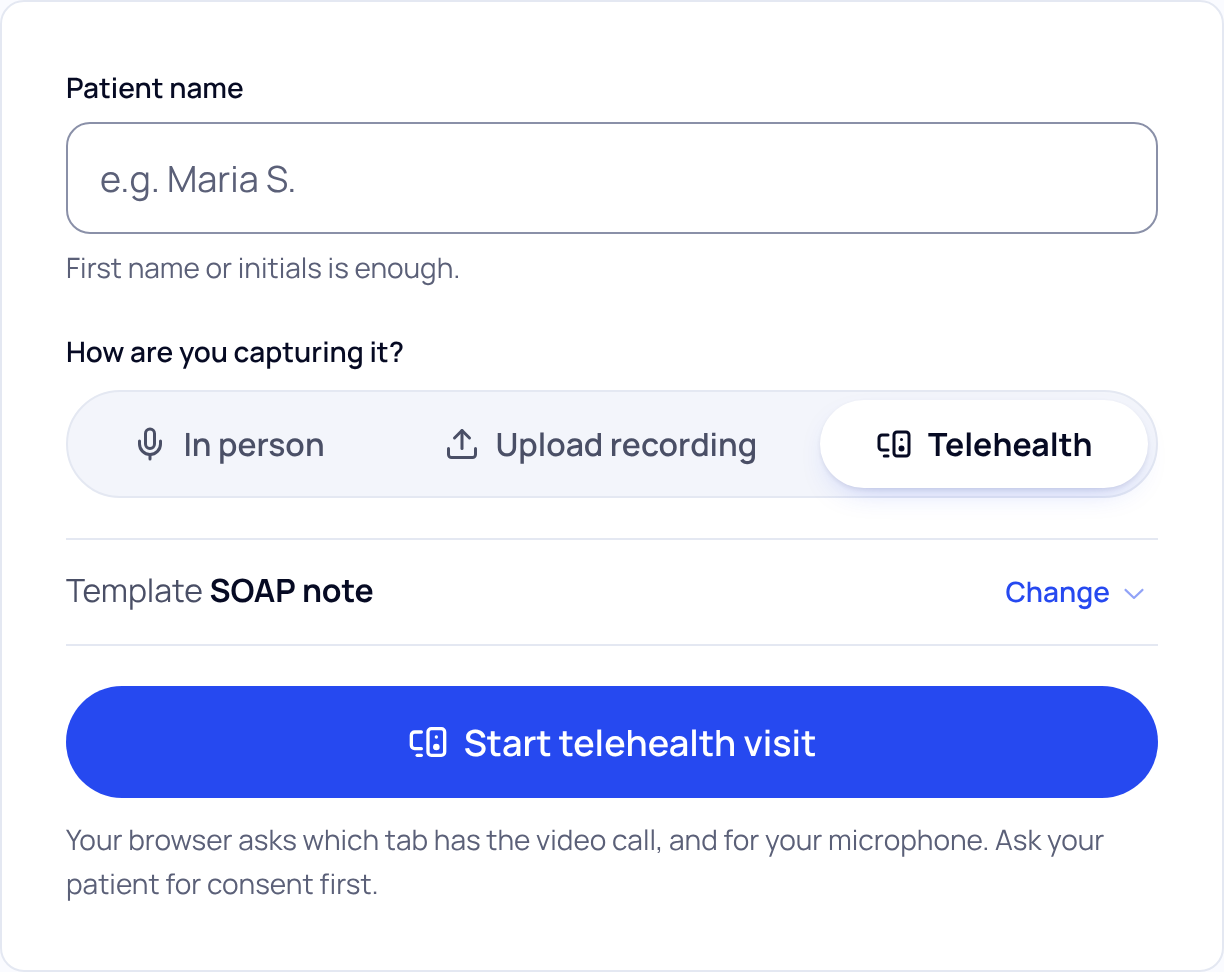 New visit start card with Telehealth selected, the Start telehealth visit button and the hint Your browser asks which tab has the video call, and for your microphone