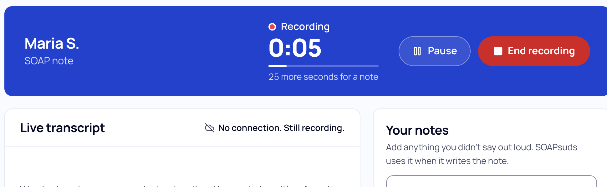 Recording bar still showing Recording, with the Live transcript header No connection. Still recording.