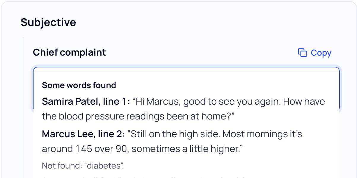 A note section with the source box underneath, headed Some words found, quoting transcript lines 1 and 2 and Not found: diabetes