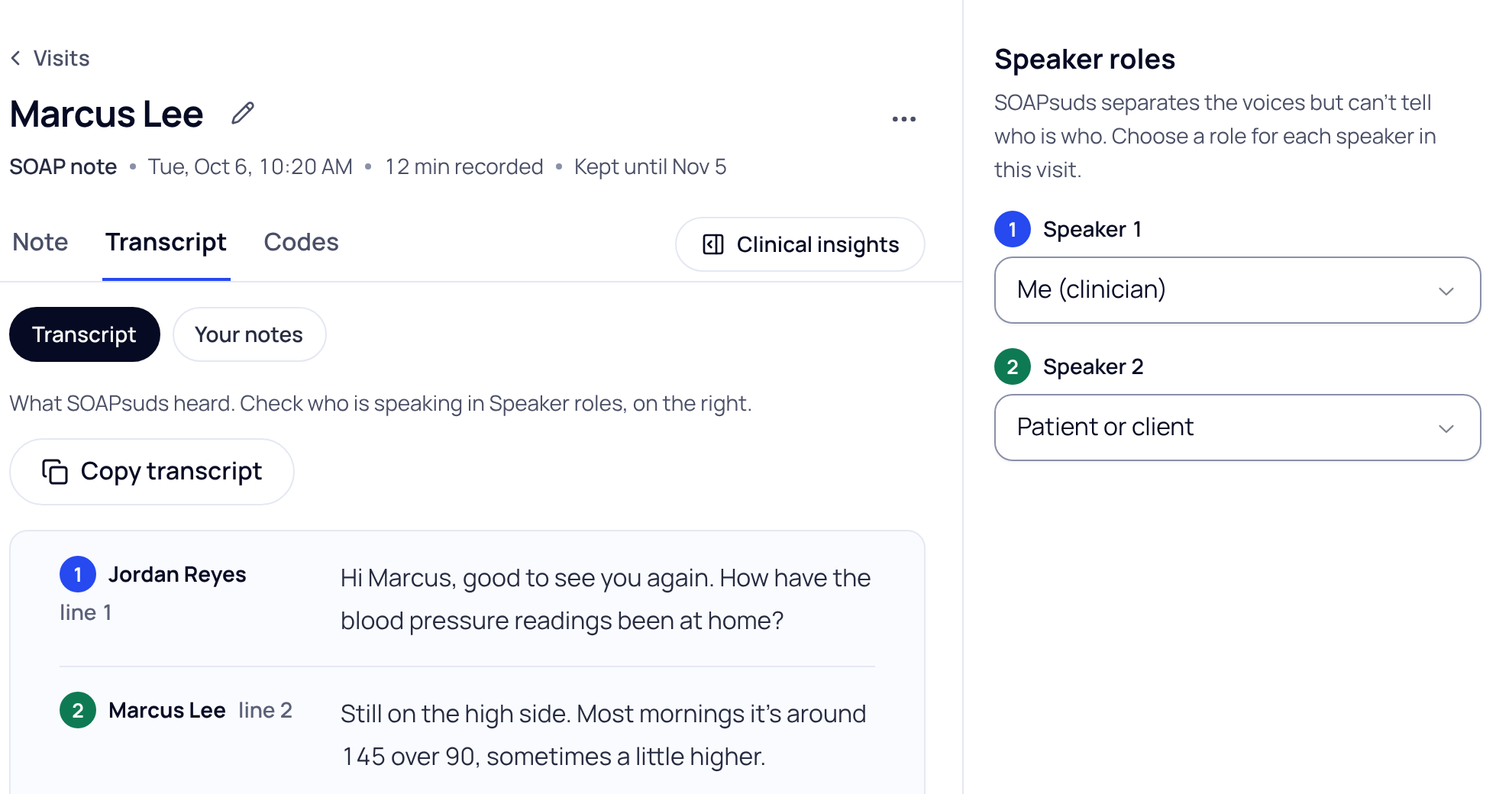Transcript tab for sample patient Marcus Lee with numbered lines and the Speaker roles panel set to Me (clinician) for Speaker 1 and Patient or client for Speaker 2