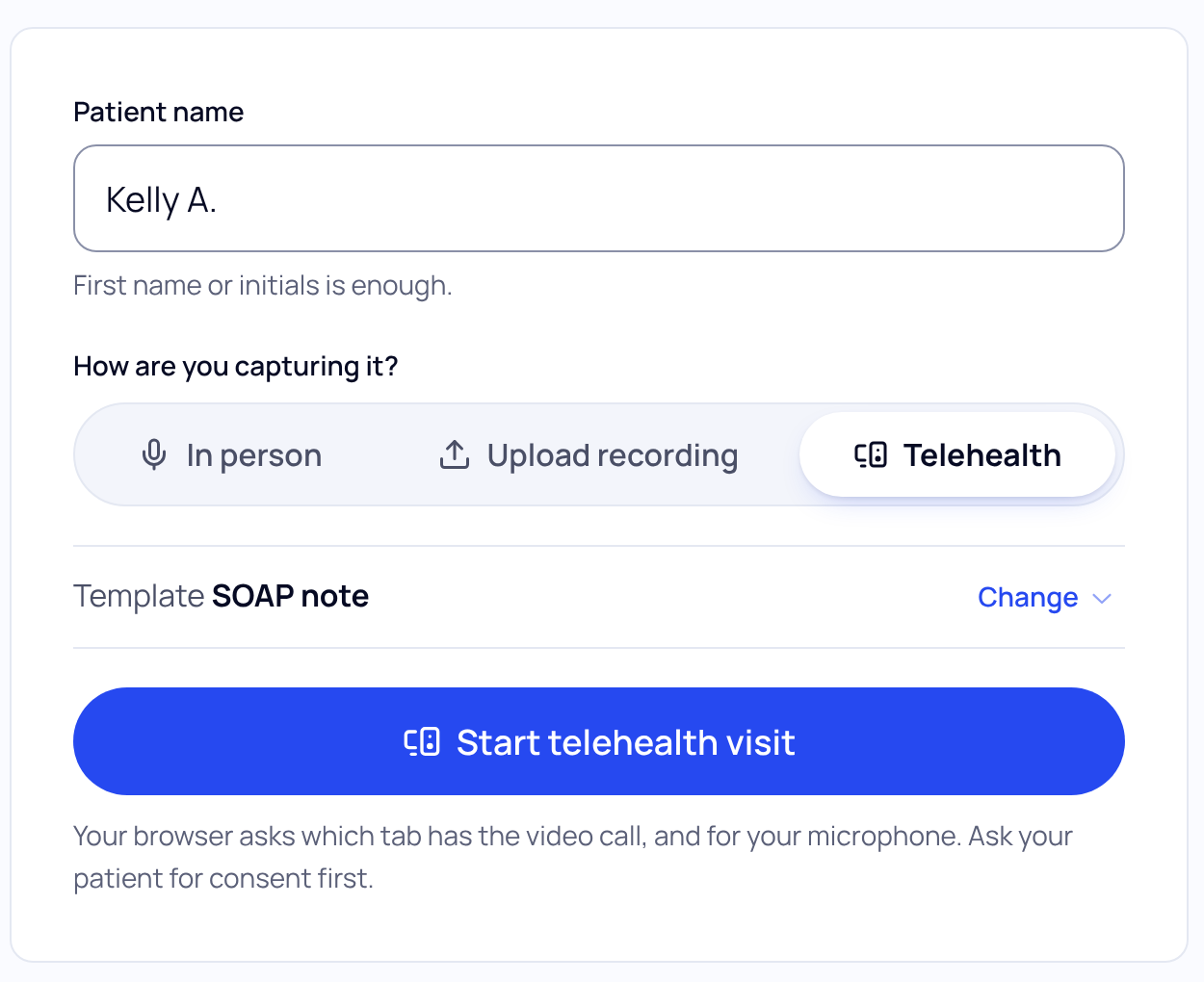 New visit card with Telehealth selected and the Start telehealth visit button