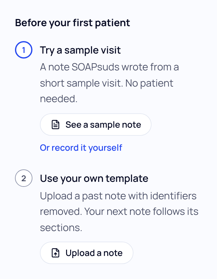 The Before your first patient guide with Try a sample visit, See a sample note and Or record it yourself