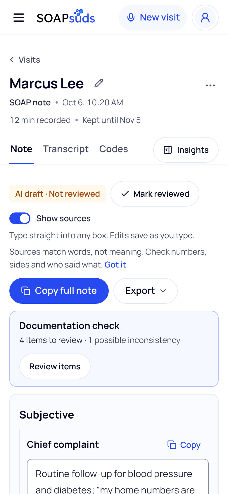 A saved visit for sample patient Marcus Lee on a phone, with Mark reviewed, Copy full note, Export and the Documentation check