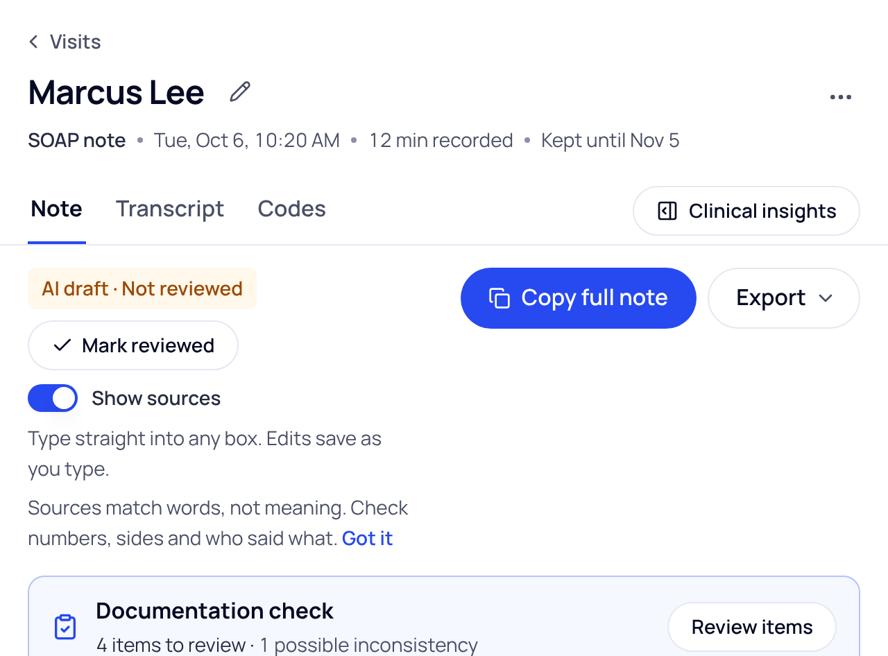 The top of a saved visit for sample patient Marcus Lee, with AI draft Not reviewed, Mark reviewed, Copy full note and Export