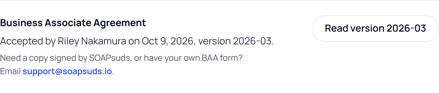 The Business Associate Agreement row in Settings, Practice, showing who accepted it, the date and the version